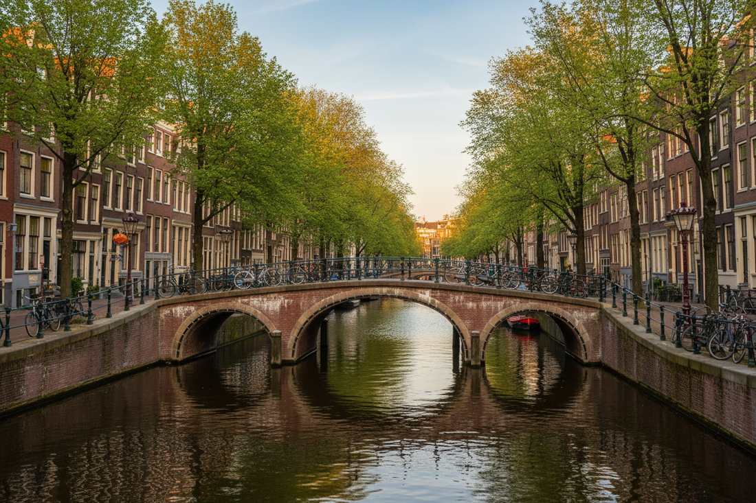 Amsterdam canals with historic houses at golden hour