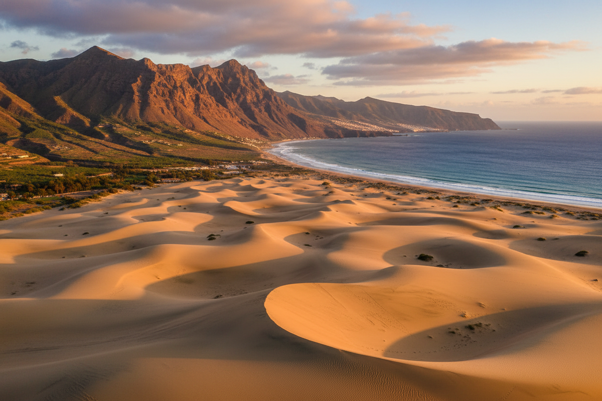 Gran Canaria landscape with the Maspalomas dunes, mountains and coastline at golden hour