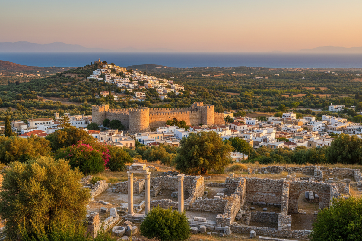 Kos with the medieval castle and old town, and the mountain village of Zia at golden hour
