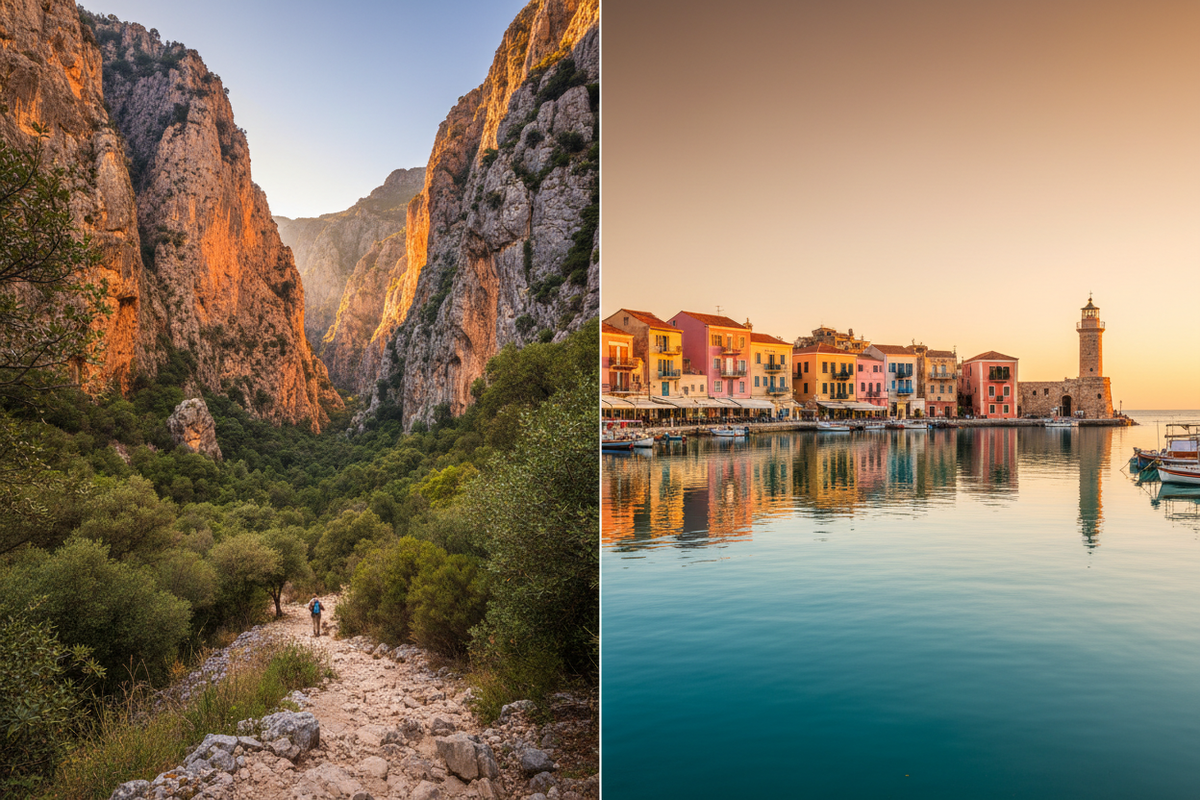 Crete highlights: the Samaria Gorge and the Venetian harbour of Chania at golden hour