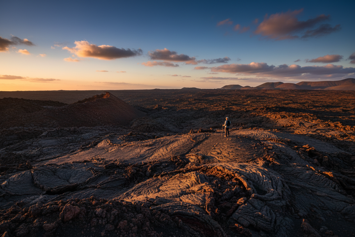 Lanzarote volcanic lava fields of Timanfaya National Park at golden hour