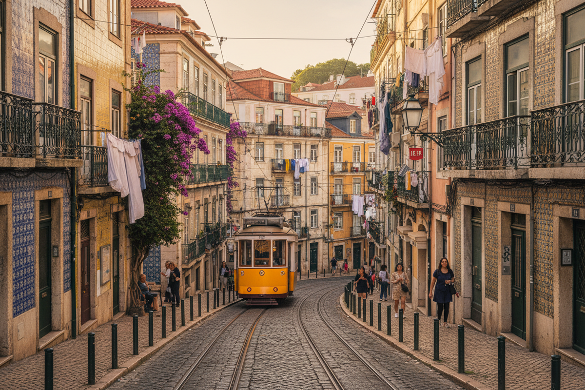 Lisbon with the famous yellow tram and colourful Alfama houses at golden hour