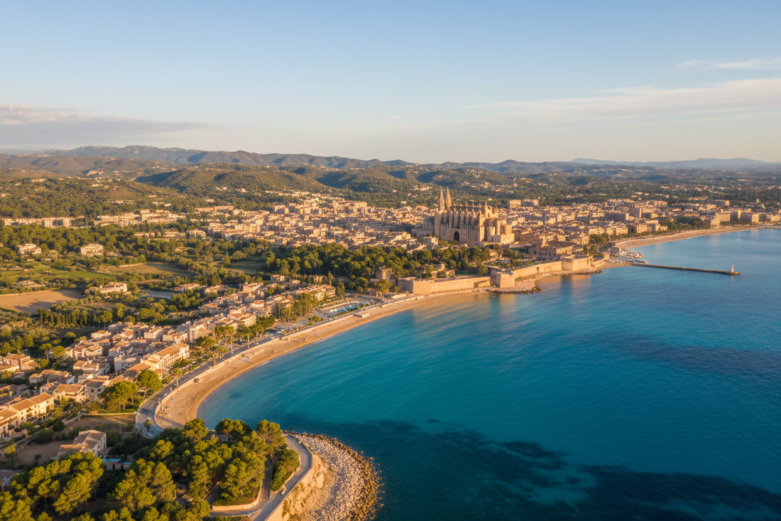 Mallorca with the city of Palma and its coastline at golden hour