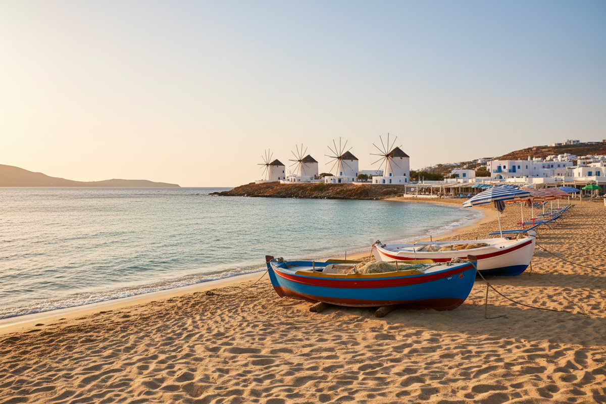 Mykonos beach with traditional windmills and a fishing boat at golden hour