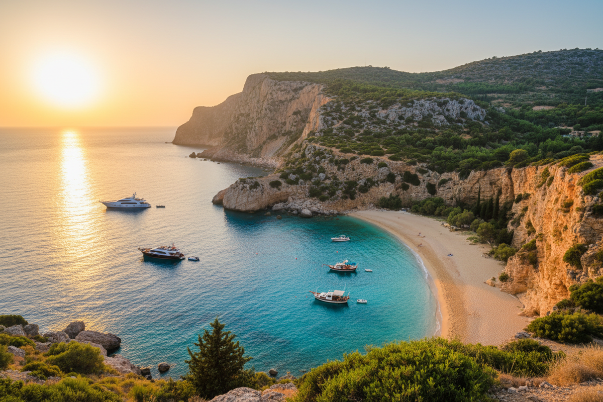 Rhodes coastal bay with turquoise water and cliffs at golden hour