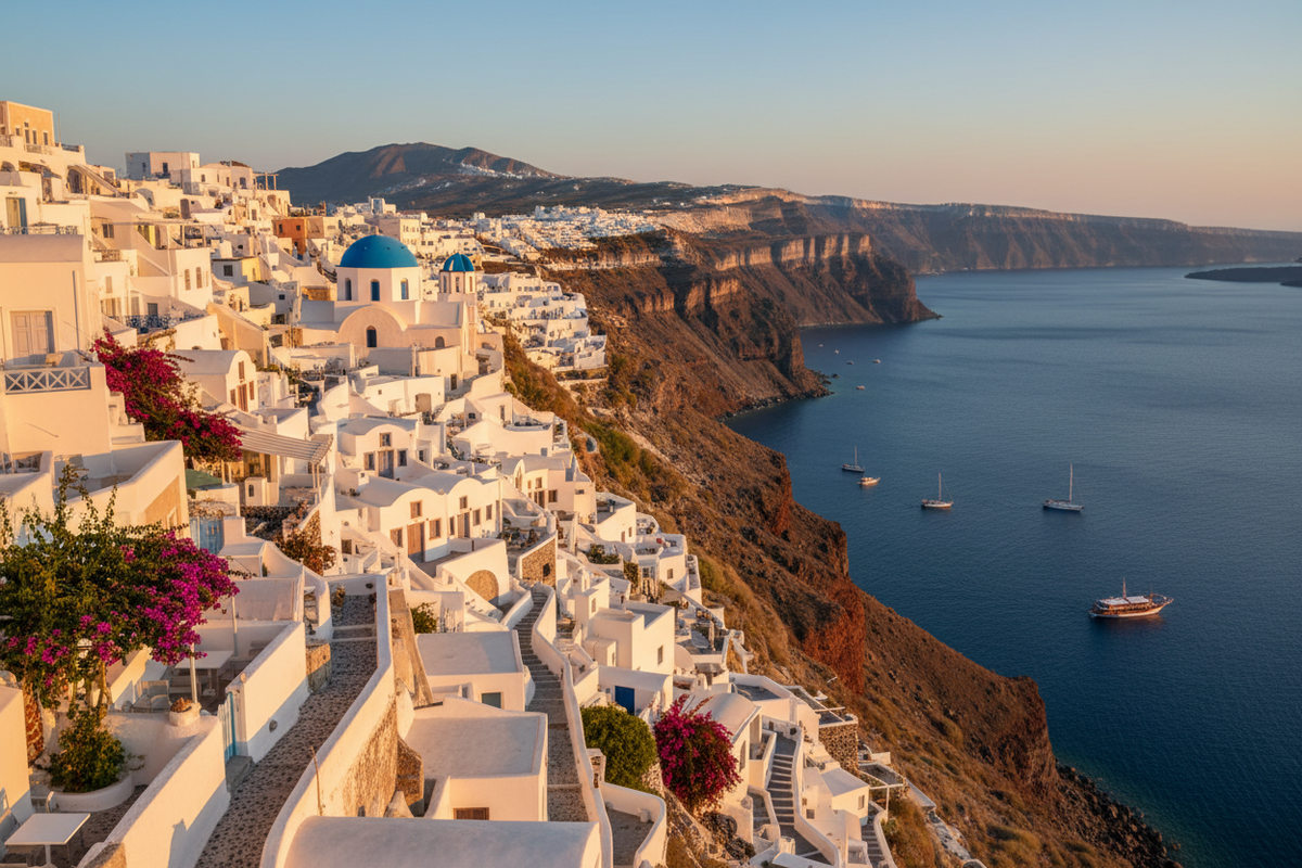 White villages of Oia and Imerovigli along the Santorini caldera at golden hour