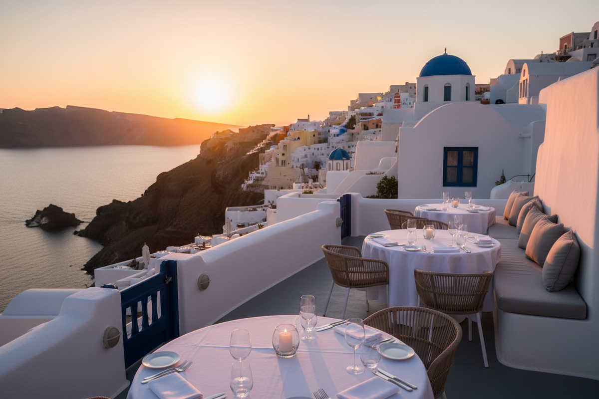 Santorini restaurant terrace overlooking the caldera at sunset