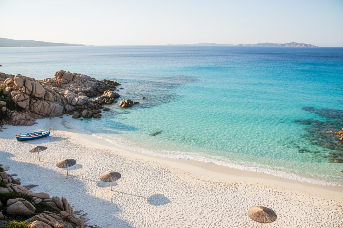 Sardinia beach with turquoise water, white sand and granite rocks in the golden hour light