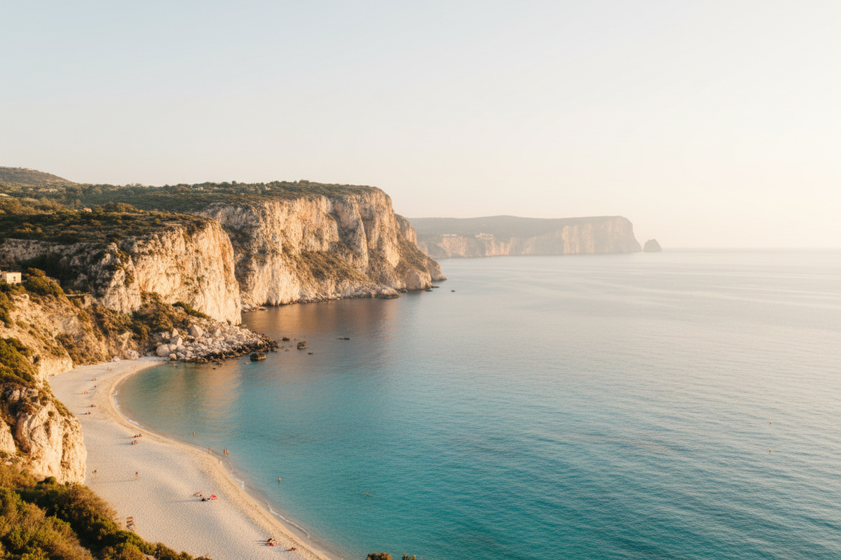 Sicily coastline with turquoise water and white cliffs near San Vito lo Capo at golden hour