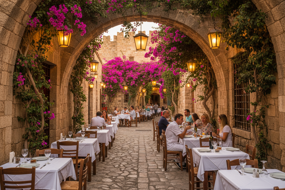 Atmospheric taverna in the medieval old town of Rhodes at golden hour