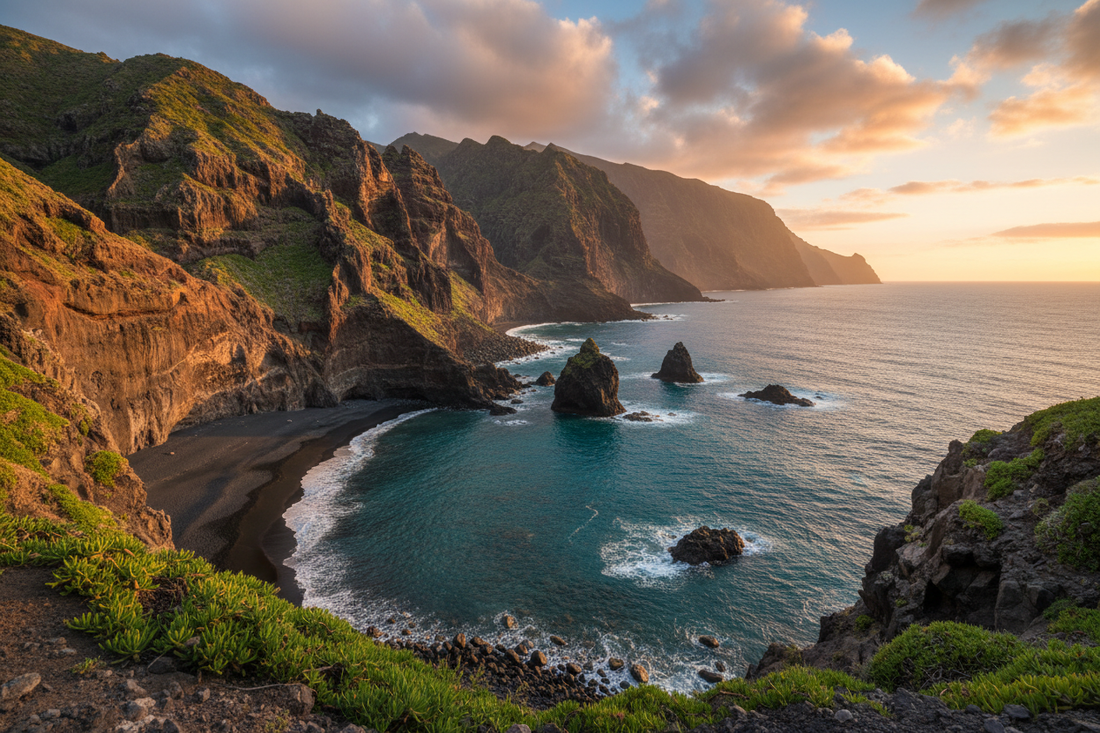 Tenerife black volcanic sand coastline with dramatic cliffs and turquoise water