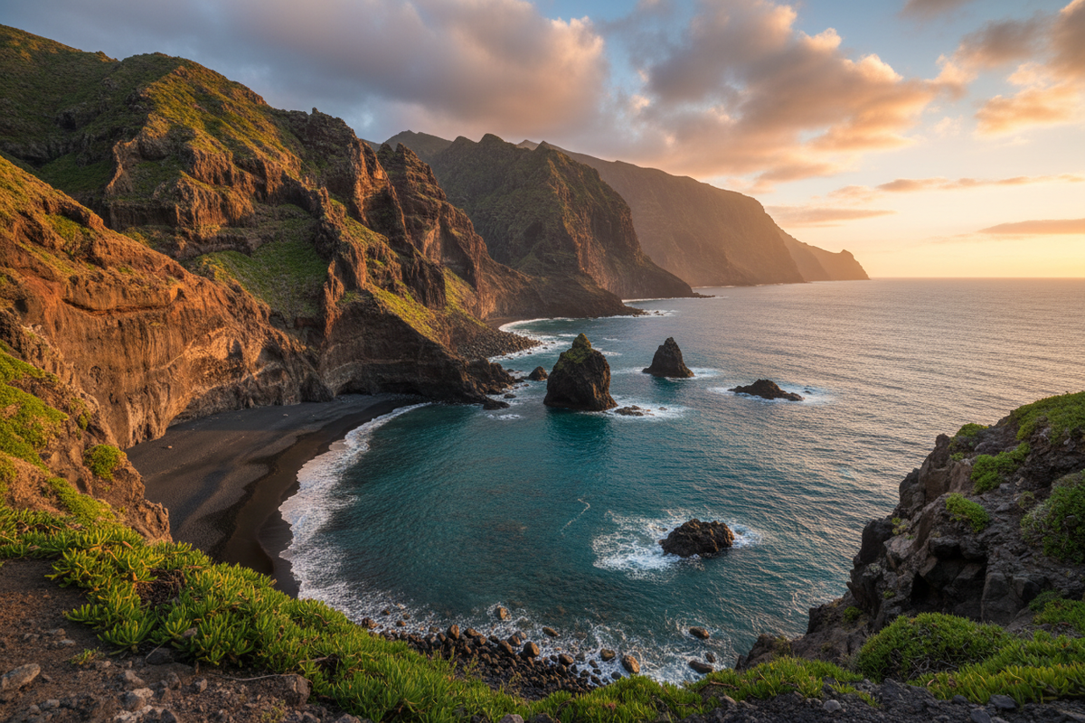 Tenerife black volcanic sand coastline with dramatic cliffs and turquoise water