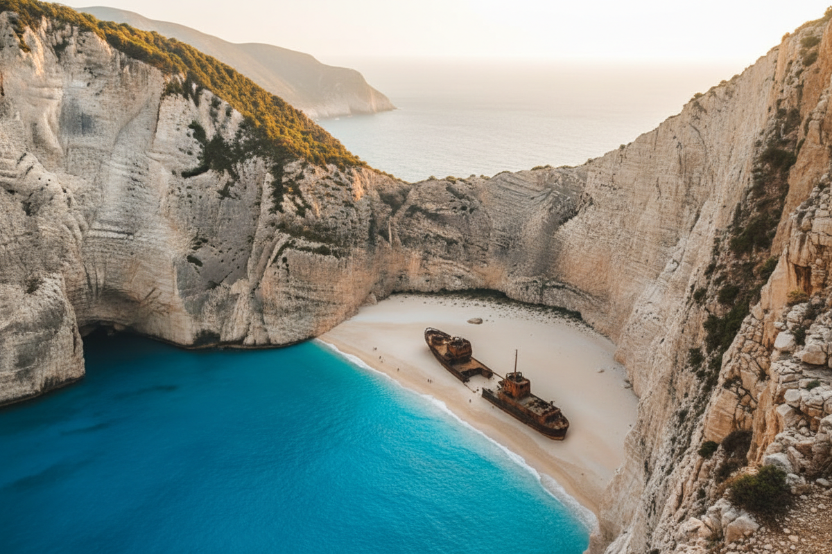 Navagio Shipwreck Beach in Zakynthos with turquoise water and white cliffs