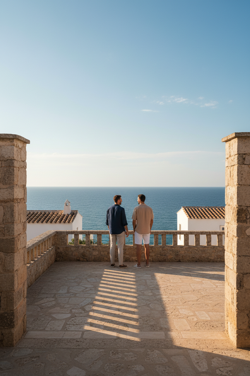 Two friends on Mediterranean terrace